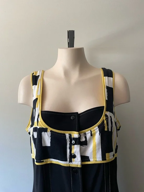 90s Y2K Joseph Ribkoff Front Button Sleeveless Midi Dress Mod Colorblock Size 16 - Picture 3 of 6
